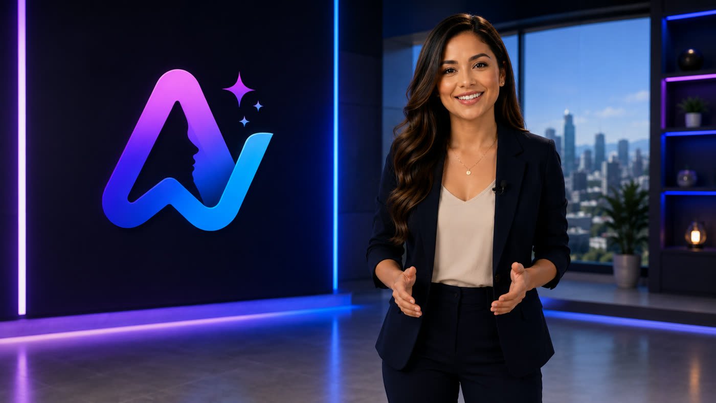 Presentadora en un estudio digital junto al logo de Avatar Pro IA iluminado en la pared