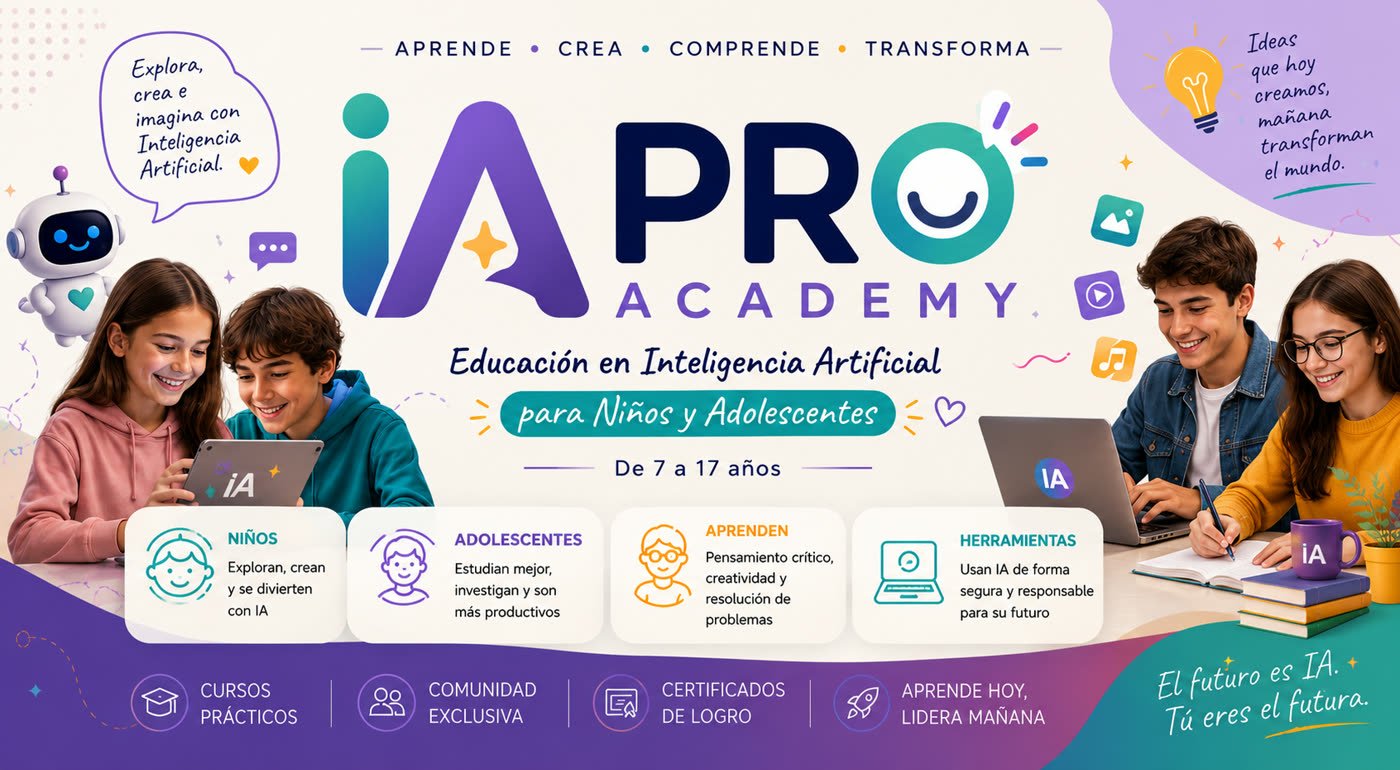 Portada de IA Pro Kids con niños y adolescentes aprendiendo con inteligencia artificial