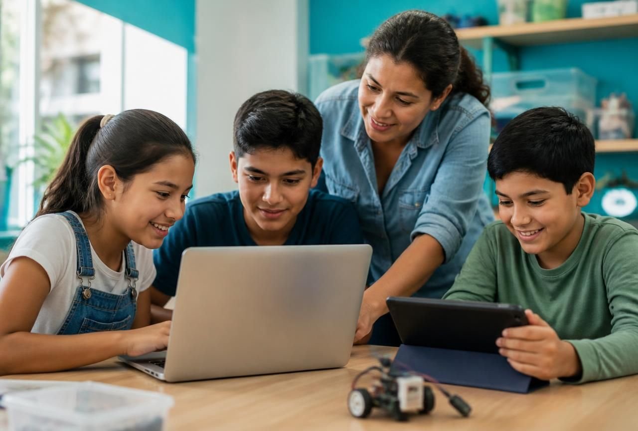 Niños y adolescentes aprendiendo y creando con inteligencia artificial en una clase virtual