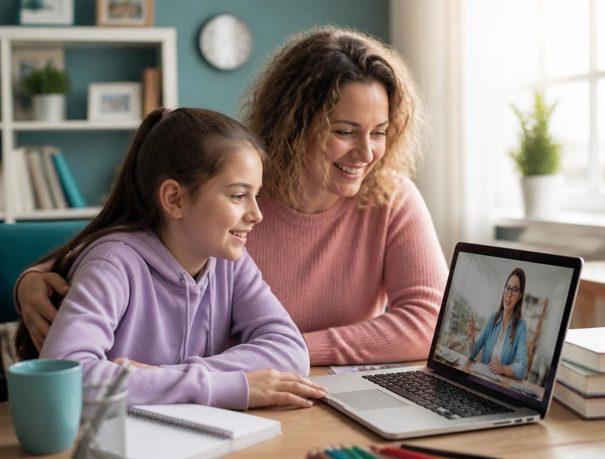 Madre e hija siguiendo juntas una clase virtual en vivo desde casa