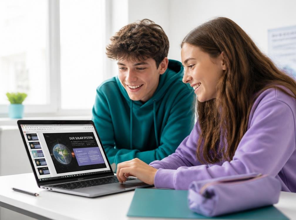 Dos adolescentes creando juntos una presentación en una laptop