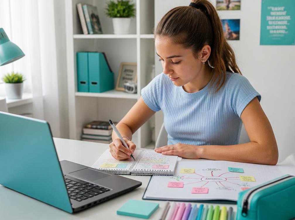 Niña escribiendo e ilustrando su historia con ayuda de una laptop