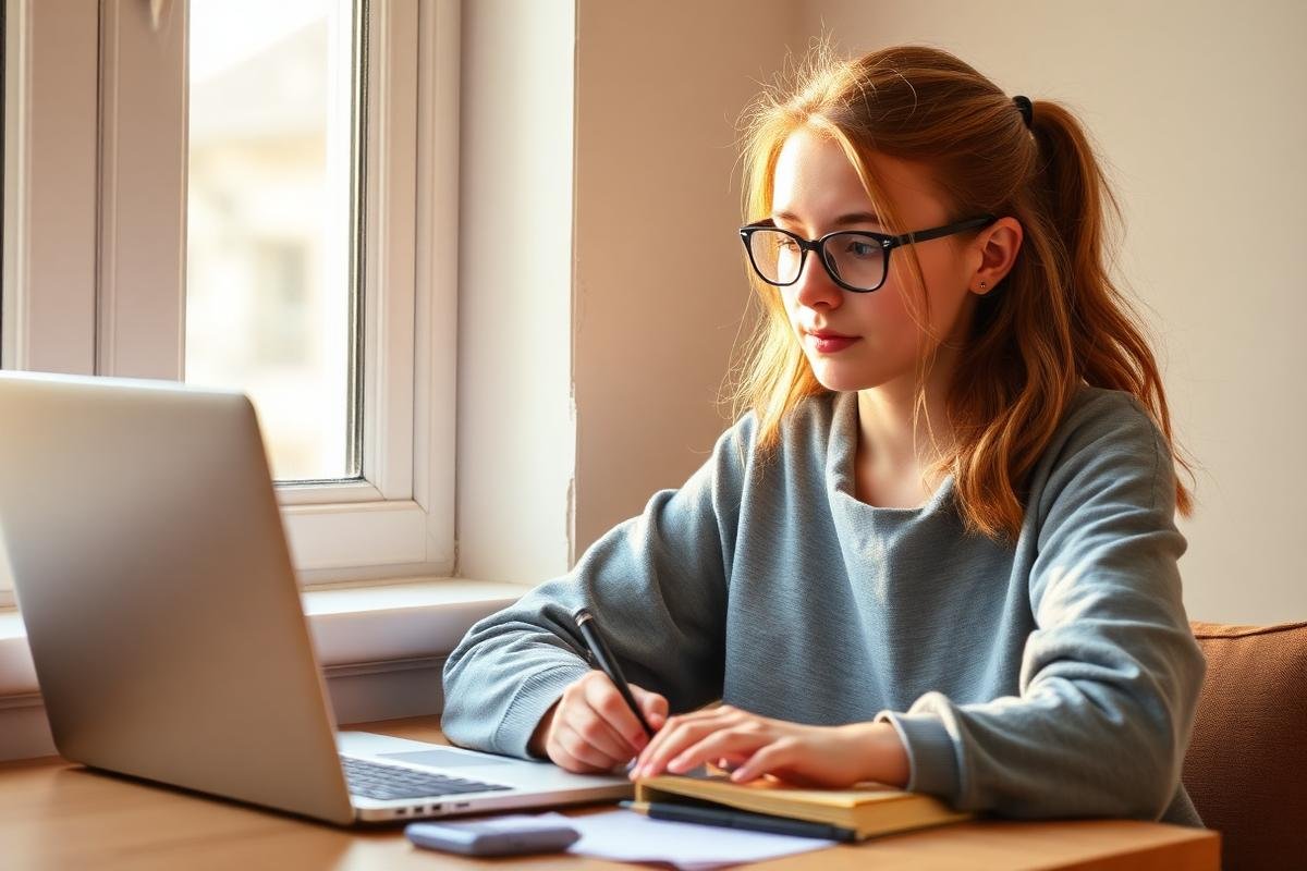 Estudiante de colegio tomando apuntes junto a una laptop