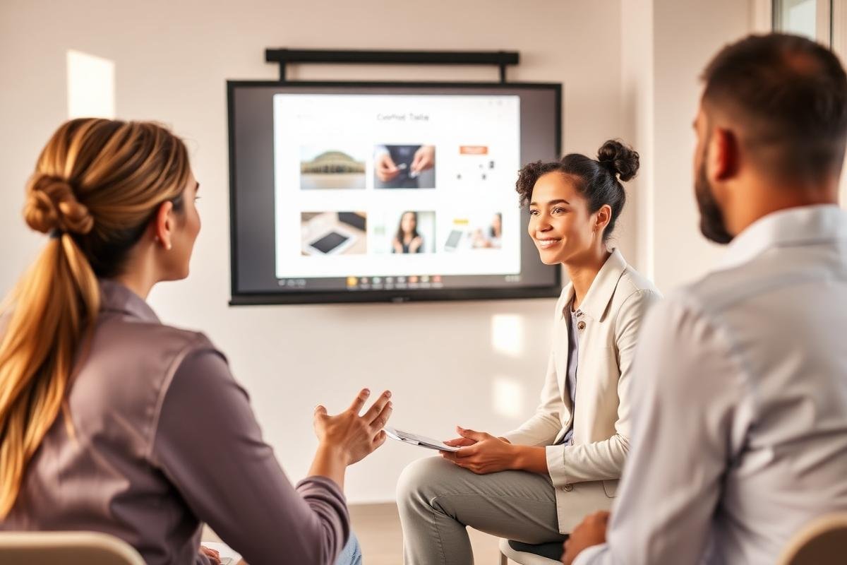 Persona presentando diapositivas ante un grupo pequeño