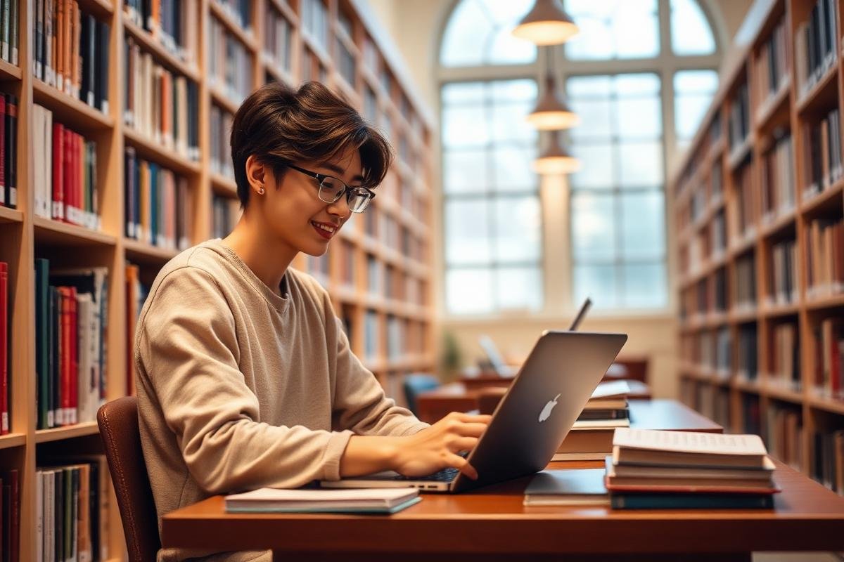 Estudiante universitario trabajando con su laptop en la biblioteca