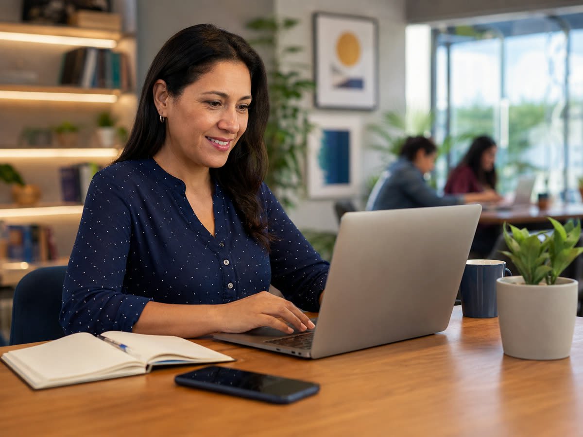 Mujer adulta sonriendo mientras usa una laptop en un espacio luminoso