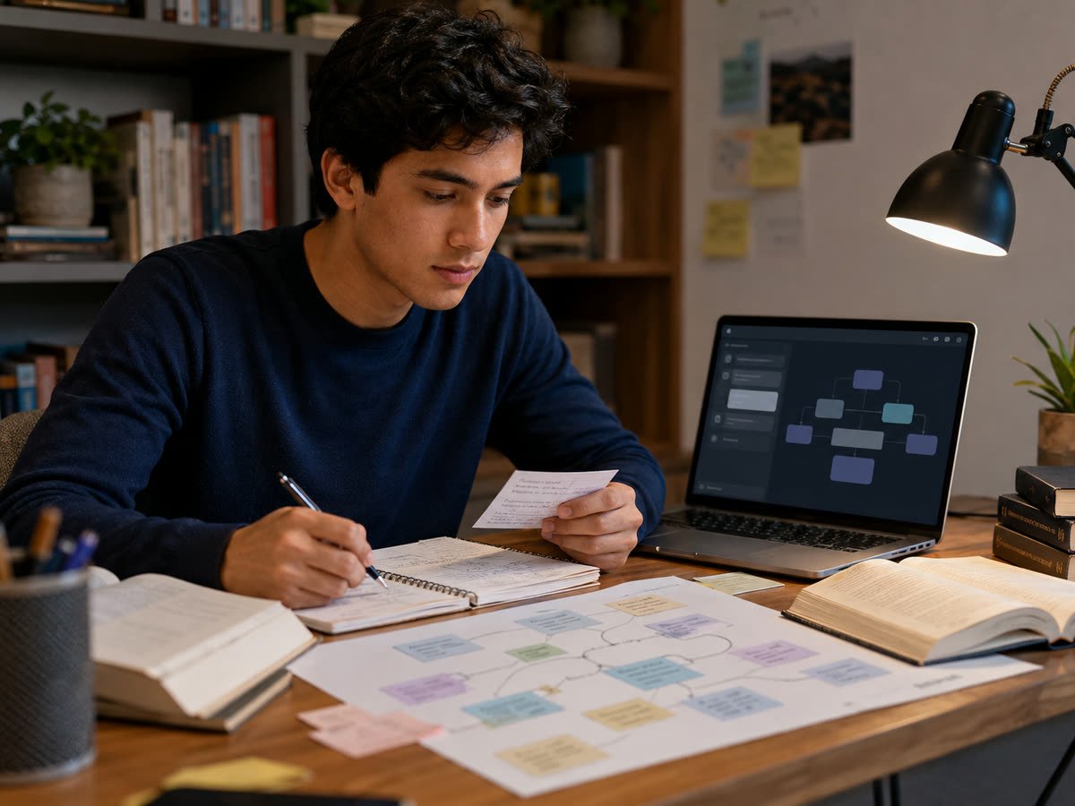 Estudiante joven tomando apuntes junto a una laptop encendida