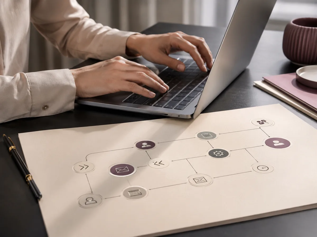 Manos sobre una laptop junto a un diagrama de flujo dibujado en papel