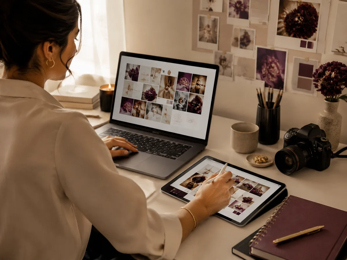 Creadora de contenido editando imágenes en su tablet