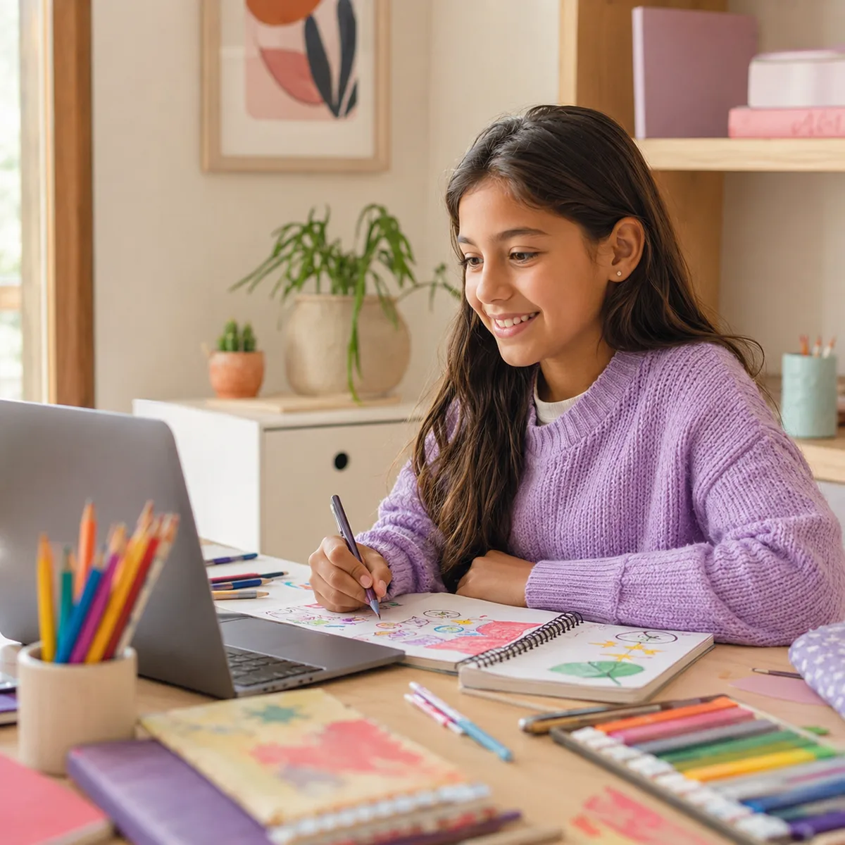 Niña dibujando en su cuaderno junto a una laptop, en un espacio de estudio luminoso
