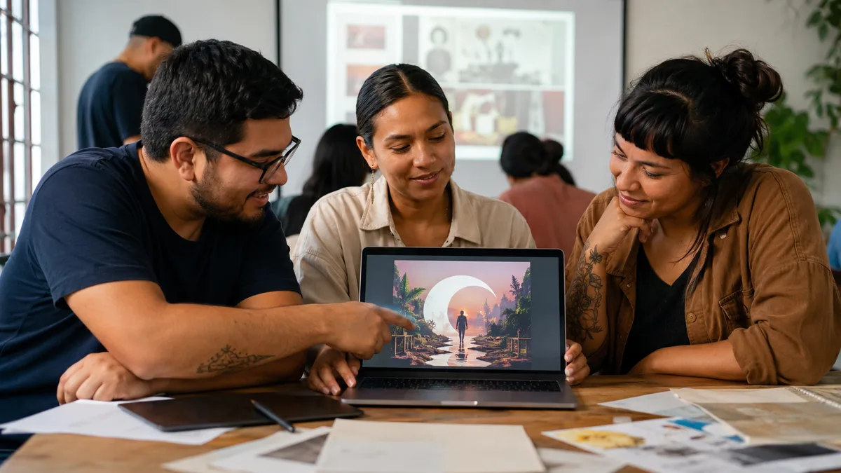 Grupo de jóvenes trabajando juntos alrededor de una laptop