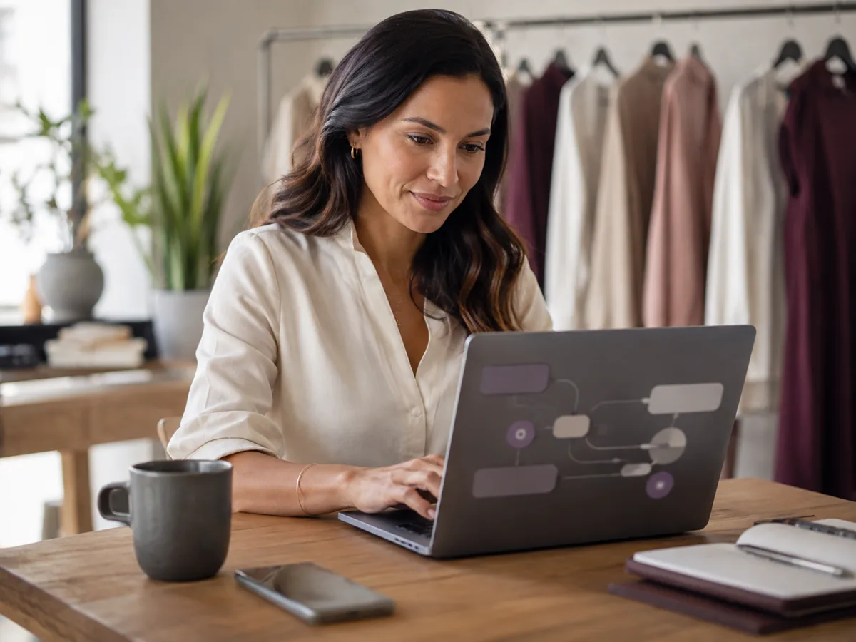 Emprendedora trabajando en su laptop en un taller con prendas colgadas detrás